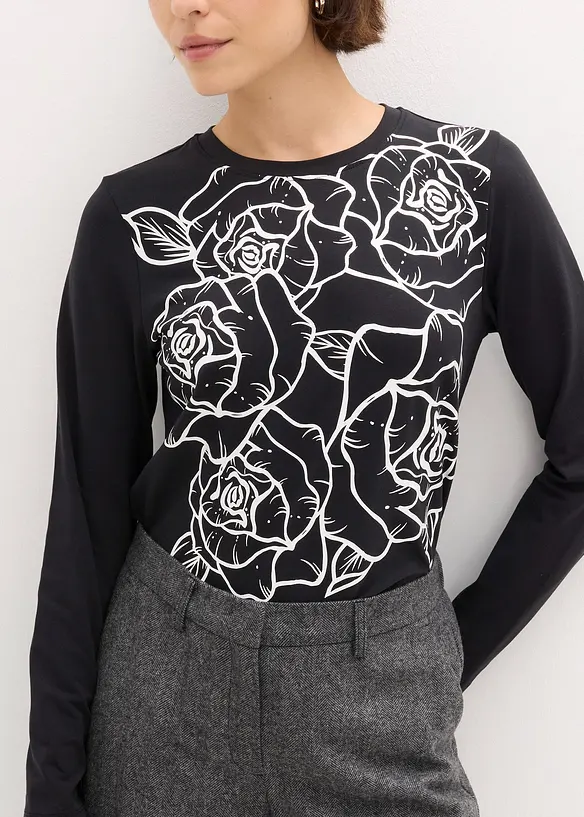 Maglia a maniche lunghe con rose stampate, bonprix