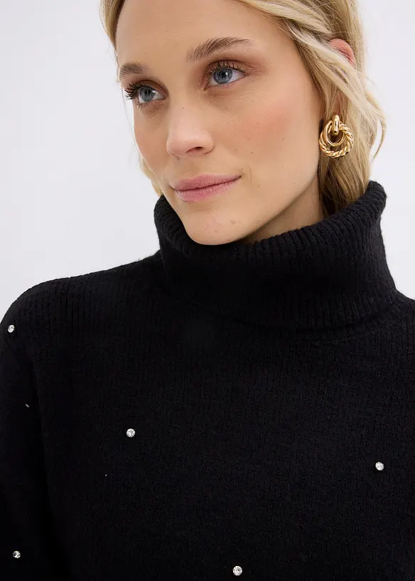 Maglione a collo alto con strass, bonprix