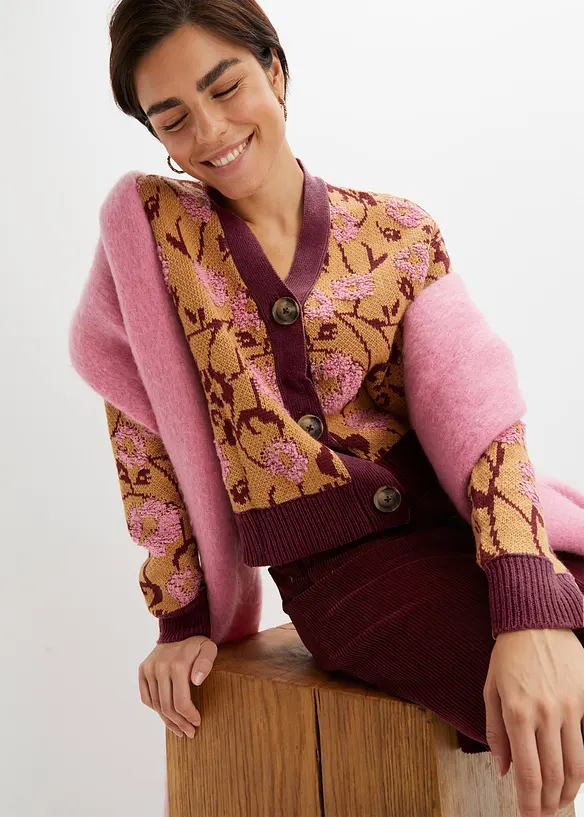 Cardigan in filato grosso a fiori, bonprix