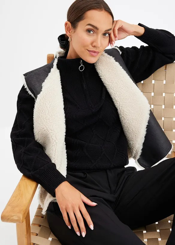 Maglione con zip, colletto e motivo a treccia, bonprix