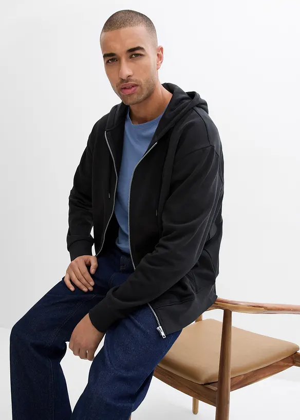 Felpa con zip e cappuccio in puro cotone biologico, loose fit, bonprix
