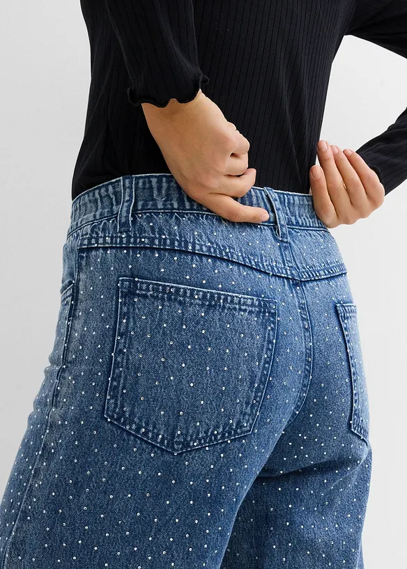 Jeans wide leg con strass e cinta comoda, vita media, bonprix