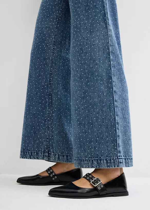 Jeans wide leg con strass e cinta comoda, vita media, bonprix
