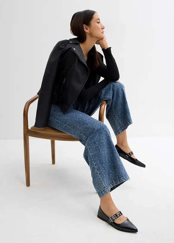 Jeans wide leg con strass e cinta comoda, vita media, bonprix
