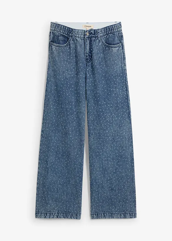 Jeans wide leg con strass e cinta comoda, vita media, bonprix