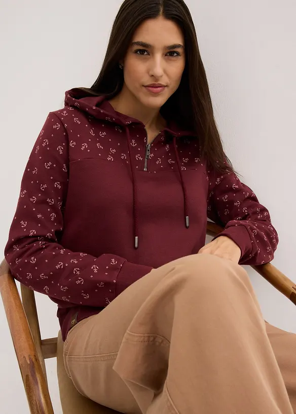 Felpa con cappuccio e cerniera in puro cotone, bonprix