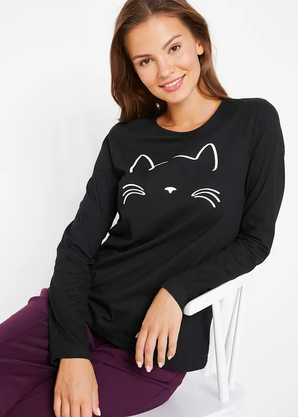Maglia a maniche lunghe con gatto, bonprix