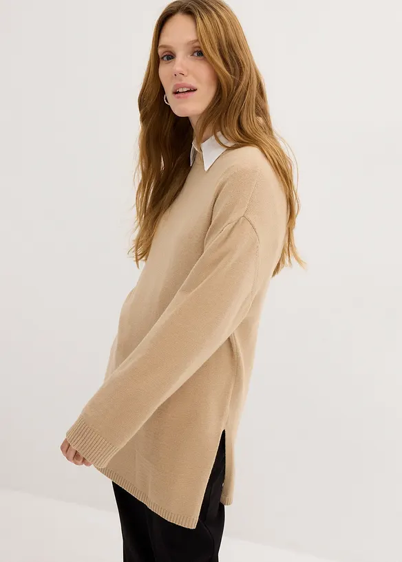 Maglione lungo in filato fine con spacchi laterali in misto viscosa, bonprix