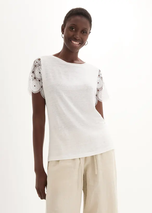 Maglia in puro lino con maniche effetto uncinetto, bonprix