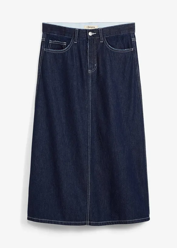 Gonna midi di jeans super soft con cinta comoda, vita media, bonprix