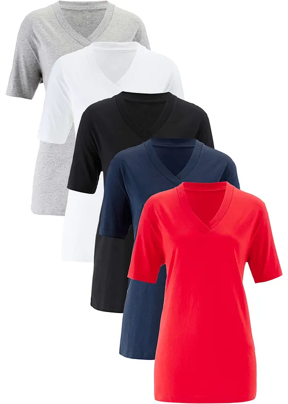 Maglia lunga e larga con scollo a V e maniche corte (pacco da 5), bonprix