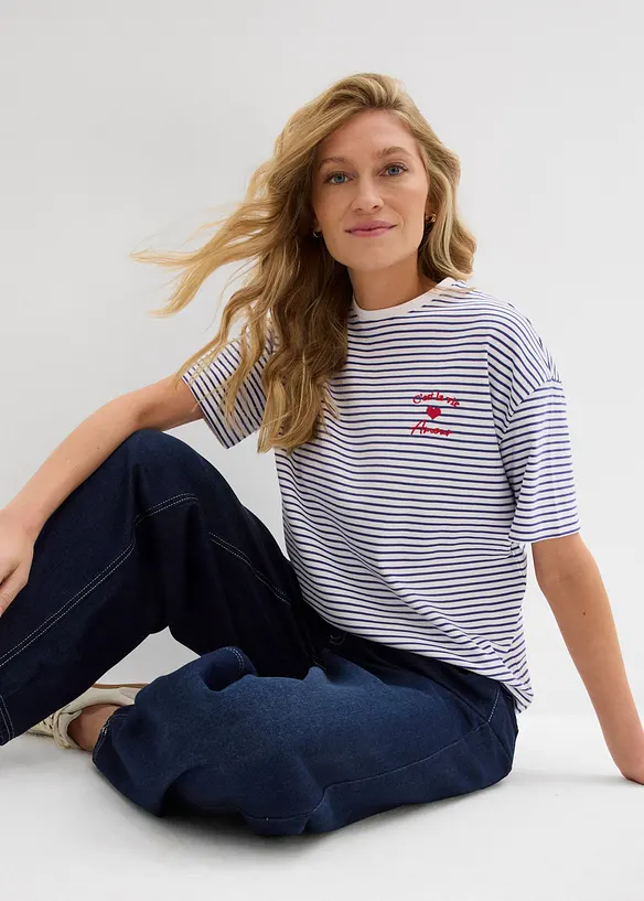 T-shirt a righe con ricamo, bonprix