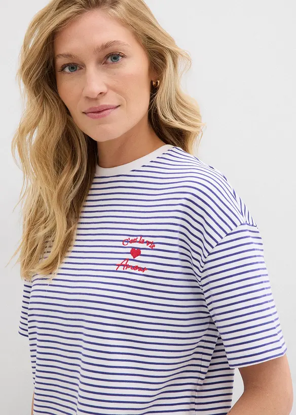 T-shirt a righe con ricamo, bonprix