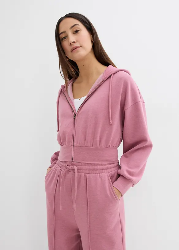 Felpa con zip e cappuccio cropped in morbido misto cotone, bonprix
