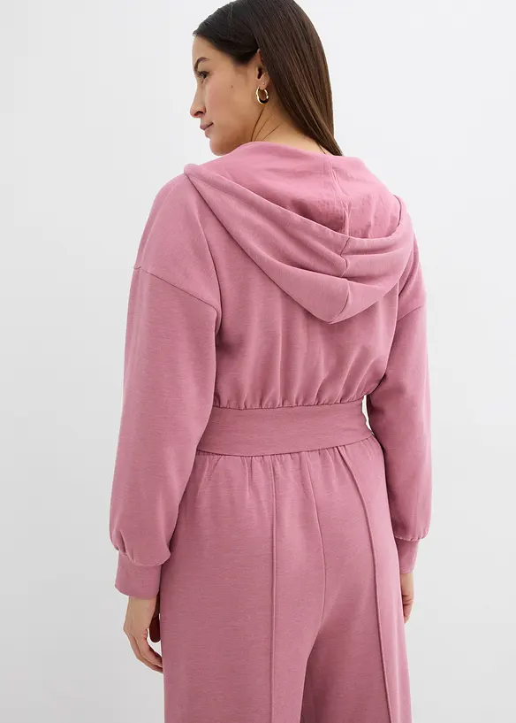 Felpa con zip e cappuccio cropped in morbido misto cotone, bonprix