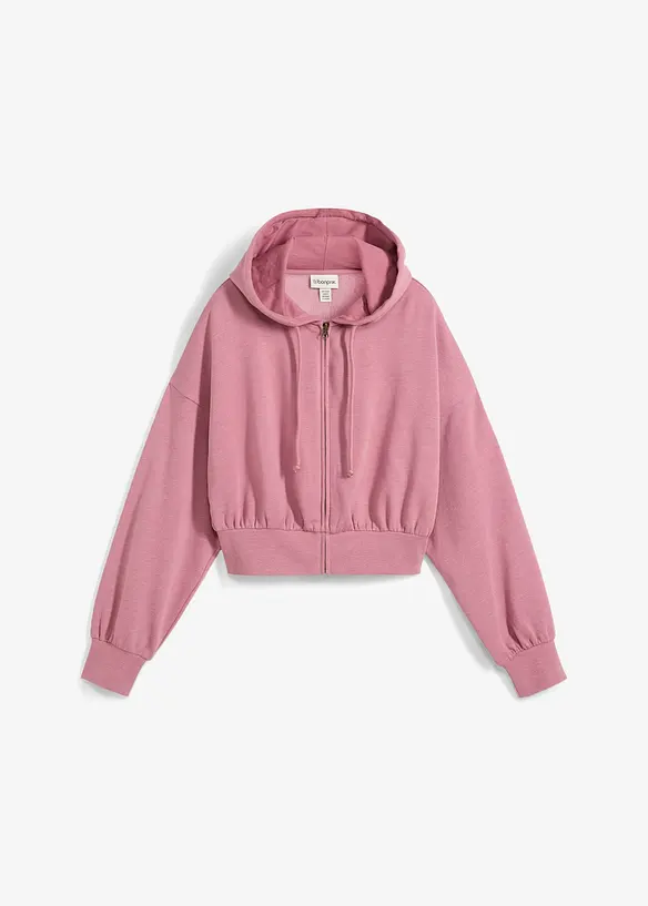 Felpa con zip e cappuccio cropped in morbido misto cotone, bonprix