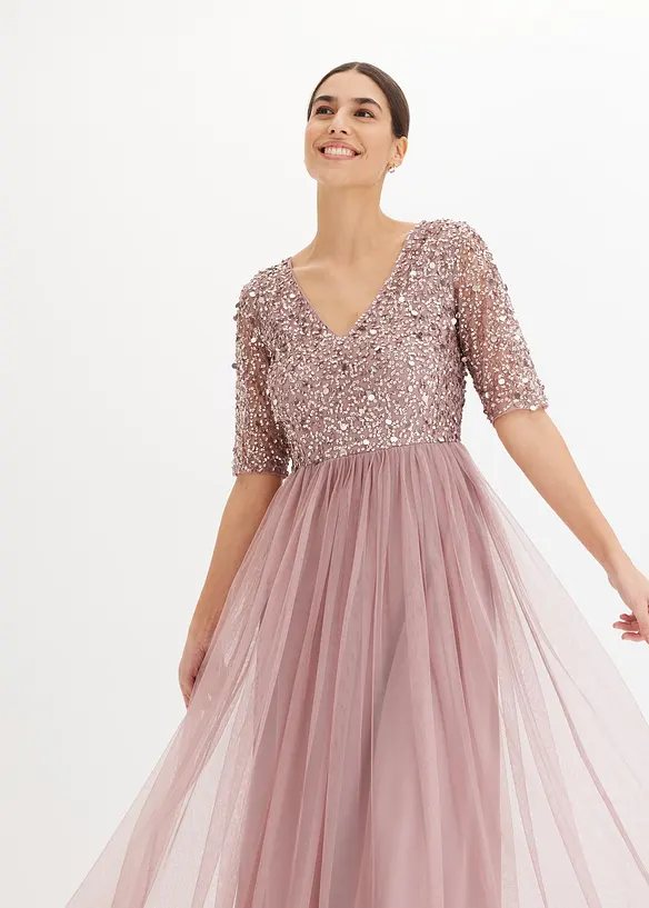 Abito da sera in tulle delicato con ricamo e paillettes, bonprix