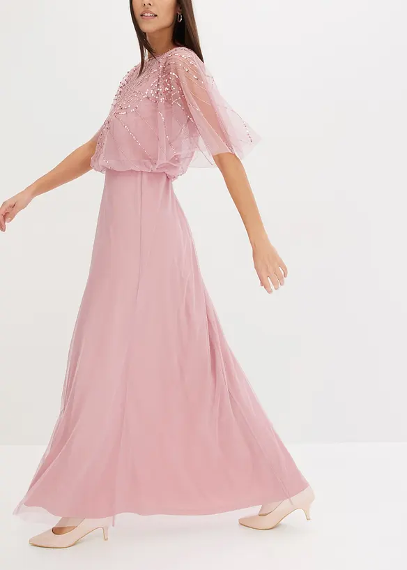 Abito lungo in tulle raffinato con paillettes, bonprix