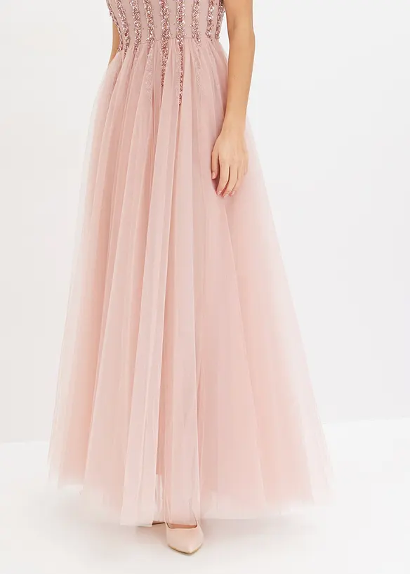 Abito lungo in fine tulle con ricami e paillettes, bonprix