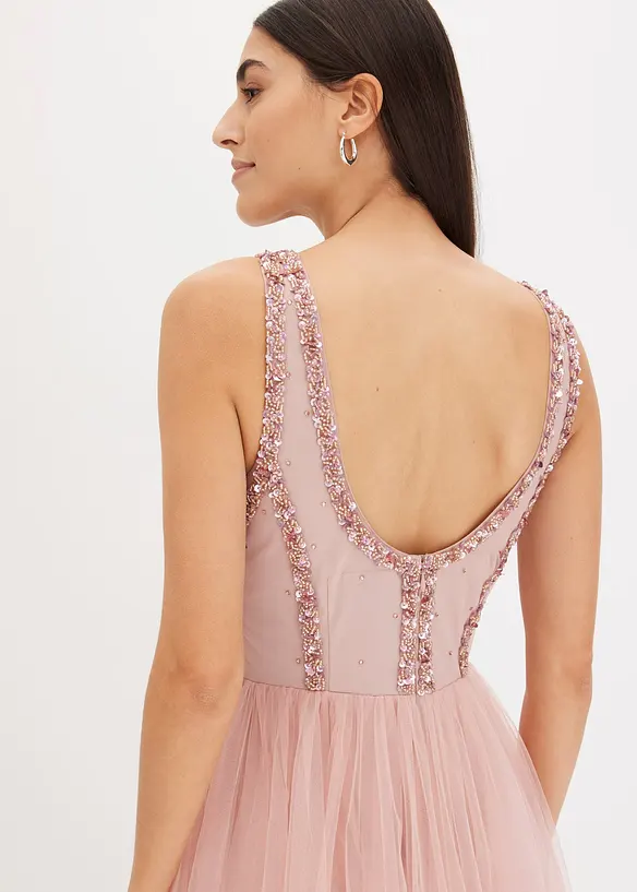 Abito lungo in fine tulle con ricami e paillettes, bonprix