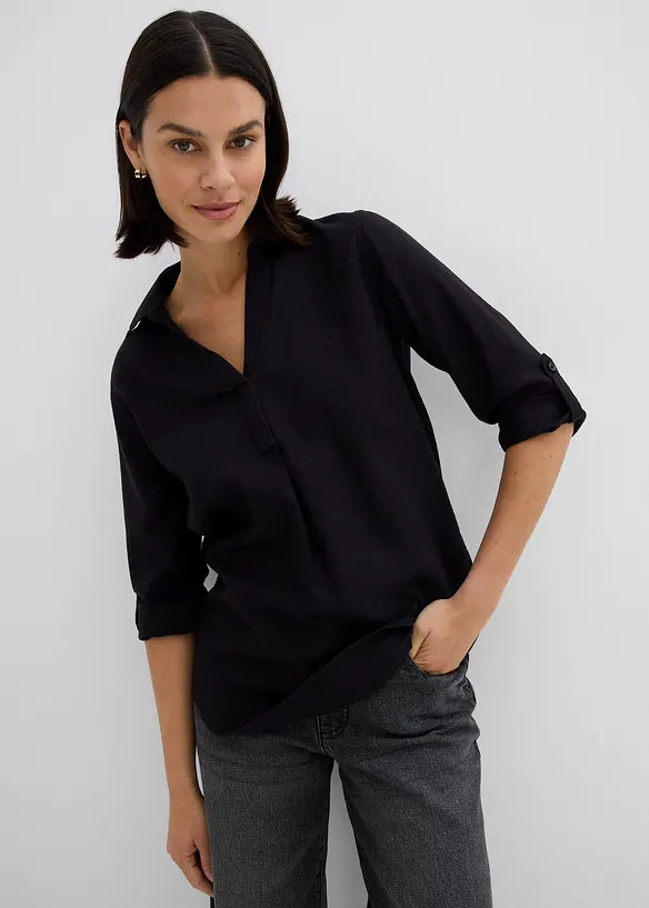 Blusa in misto lino con maniche a 3/4, bonprix
