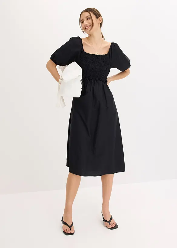 Abito midi con maniche a sbuffo e dettaglio smock, bonprix