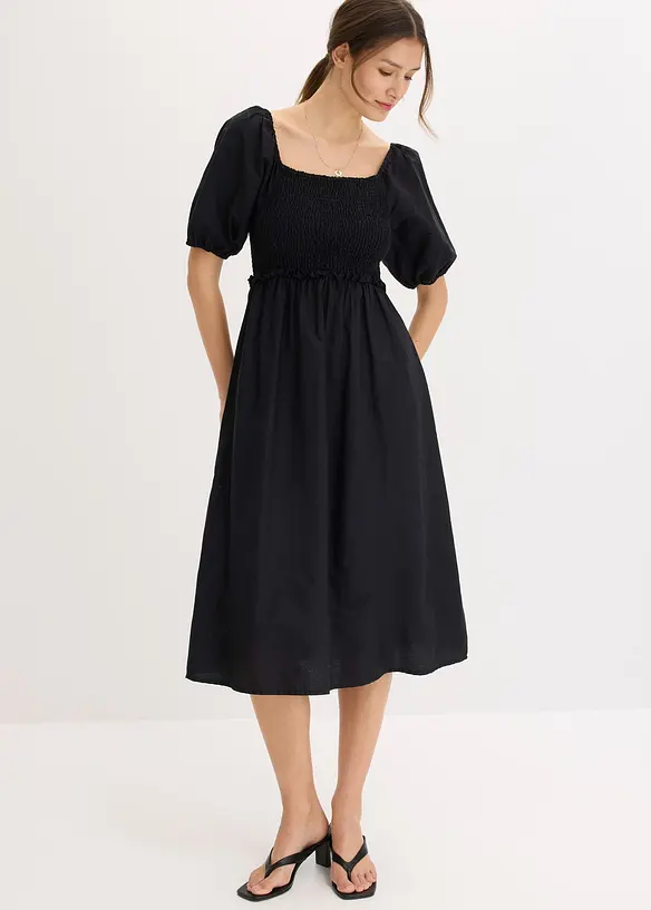 Abito midi con maniche a sbuffo e dettaglio smock, bonprix