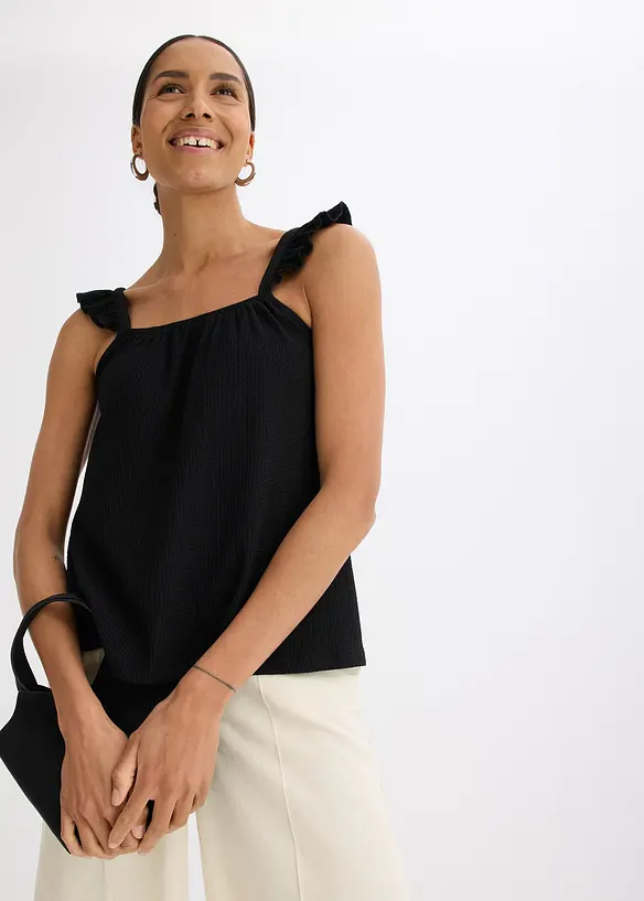 Top in jersey cr&ecirc;pe con volant alle spalline, bonprix