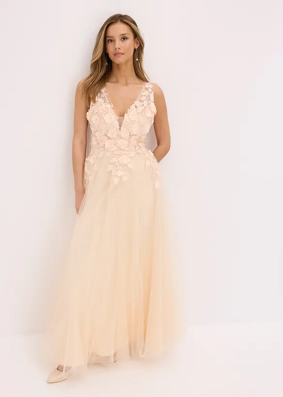 Abito lungo in tulle con fiori applicati, bonprix