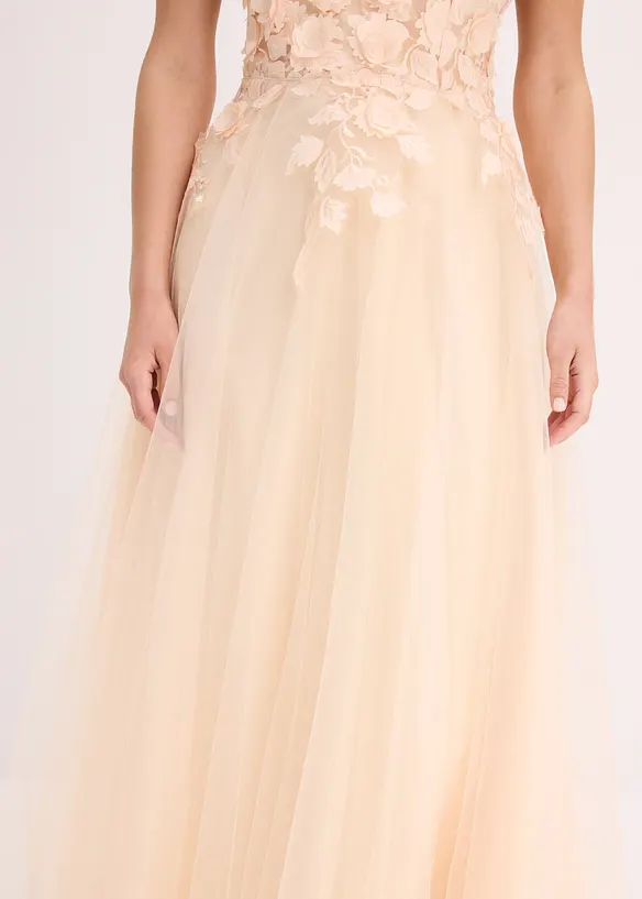 Abito lungo in tulle con fiori applicati, bonprix