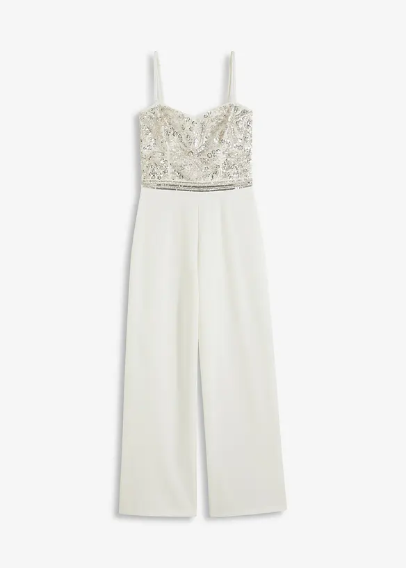 Tuta da sposa in crêpe strutturato con ricamo con perline, bonprix