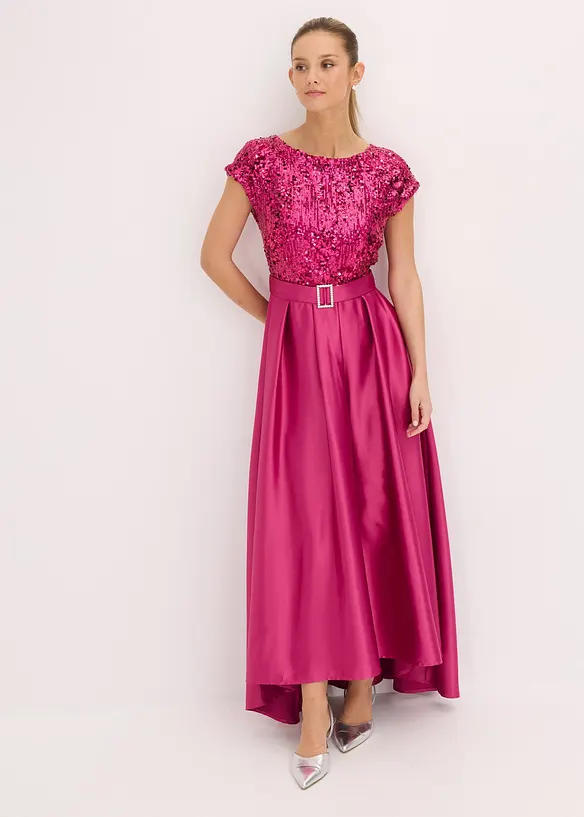 Abito lungo in satin lucido con pizzo, bonprix