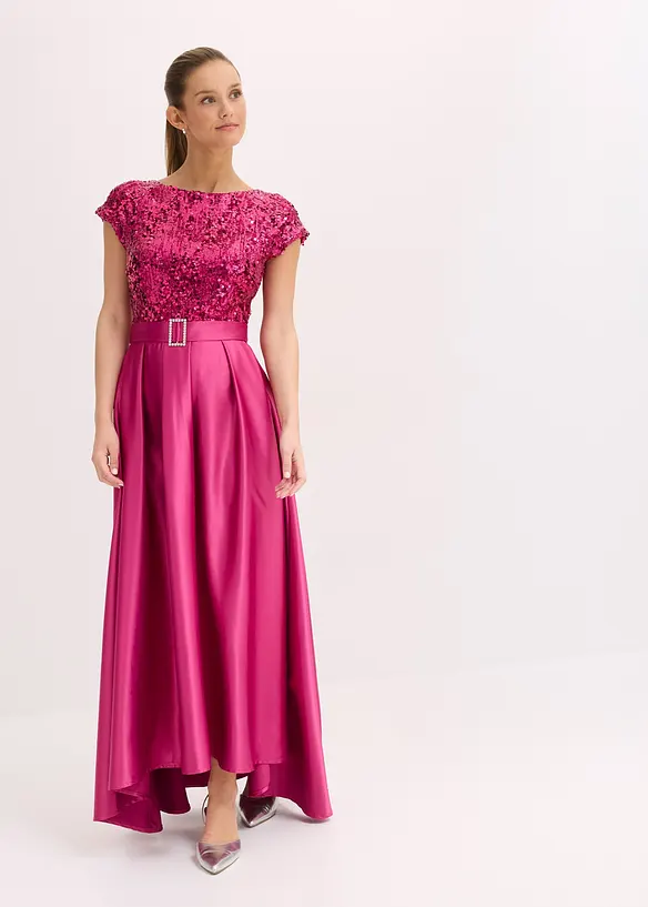 Abito lungo in satin lucido con pizzo, bonprix