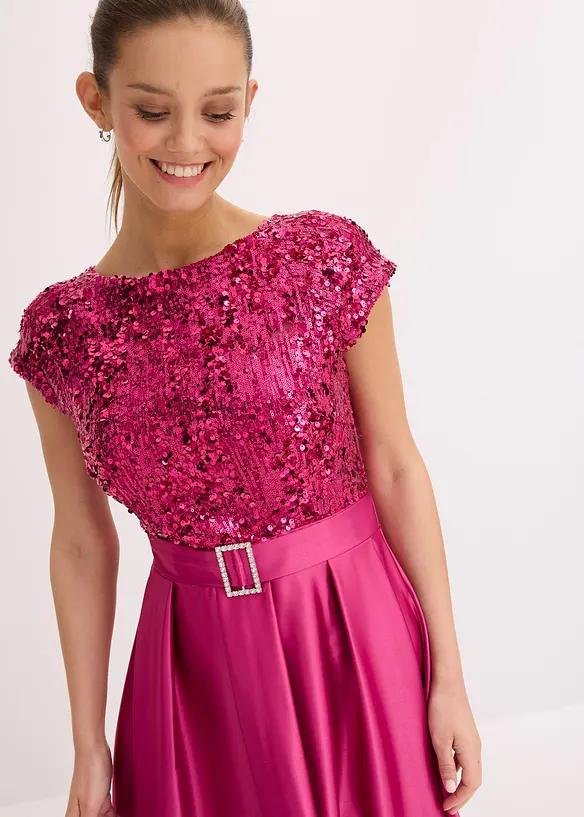 Abito lungo in satin lucido con pizzo, bonprix