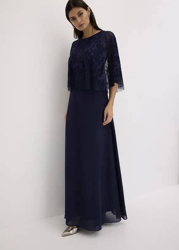 Abito lungo di chiffon con ricamo floreale, bonprix