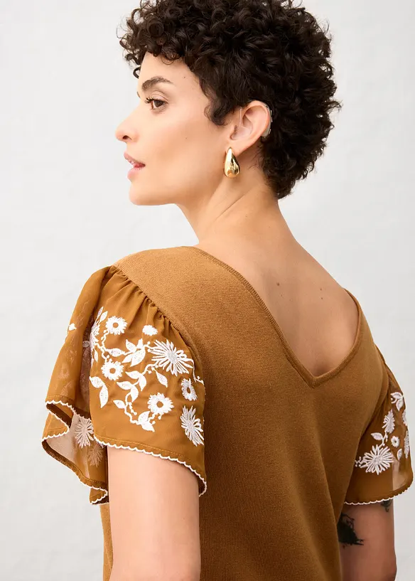 Top in maglia di misto seta con maniche di chiffon, bonprix