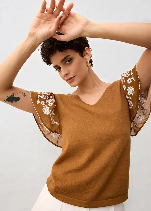 Top in maglia di misto seta con maniche di chiffon, bonprix
