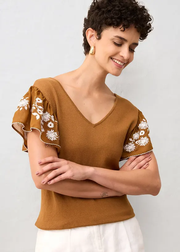 Top in maglia di misto seta con maniche di chiffon, bonprix