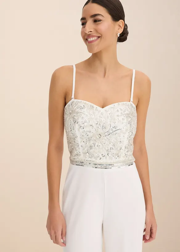 Tuta da sposa in crêpe strutturato con ricamo con perline, bonprix