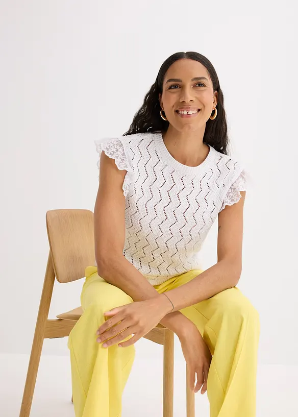 Top in maglia effetto uncinetto con pizzo, bonprix