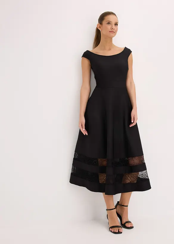 Abito con spalle scoperte, pizzo e cintura, bonprix