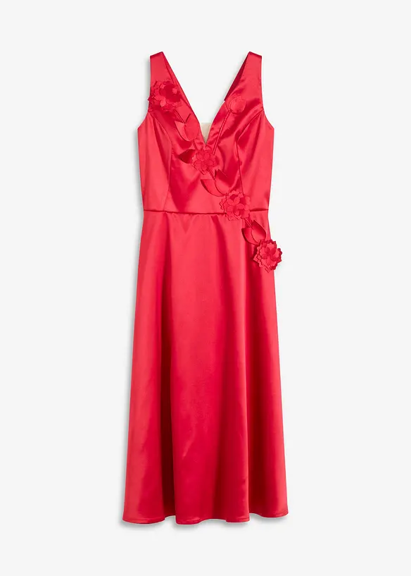 Abito midi in satin lucido con applicazione floreale, bonprix