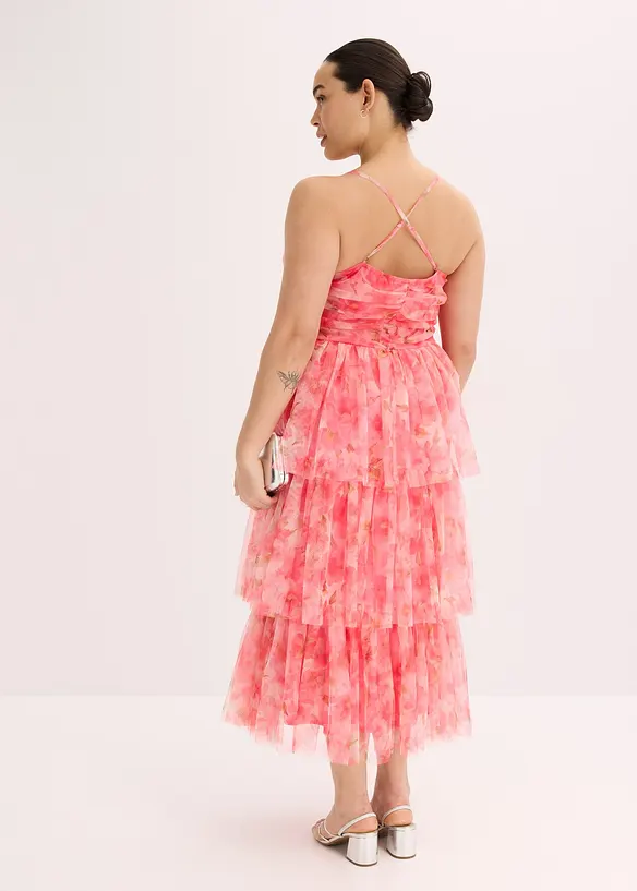 Abito midi in tulle fine con volant, bonprix