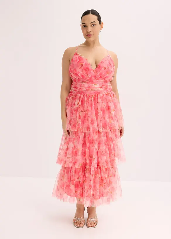 Abito midi in tulle fine con volant, bonprix