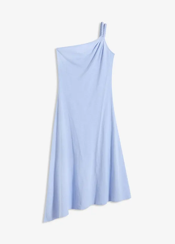 Abito in jersey di cotone con orlo asimmetrico e finiture a treccia sulla spalla, bonprix
