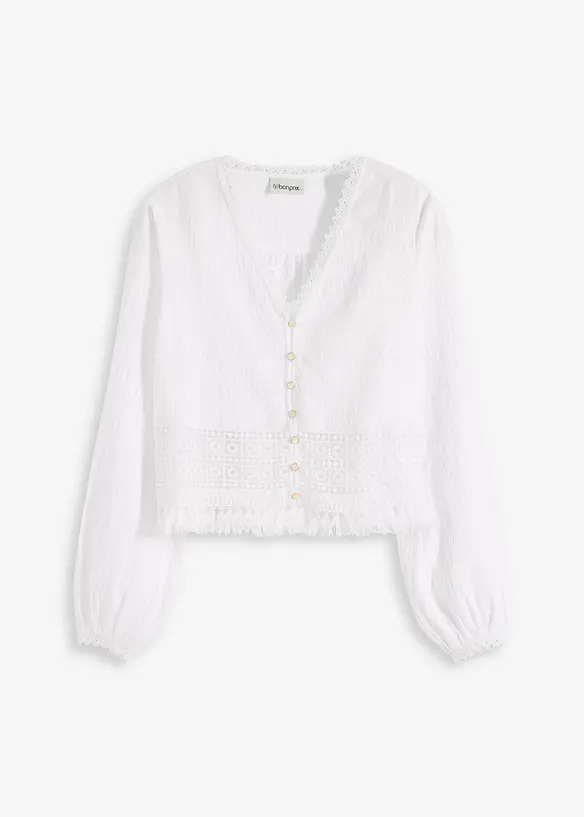 Blusa con inserto effetto uncinetto e frange, bonprix