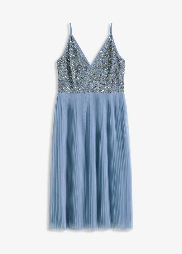 Abito midi con gonna plissettata e ricamo con paillettes, bonprix