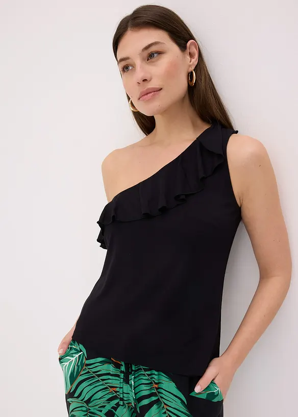 Top monospalla con volant in misto viscosa morbido, bonprix