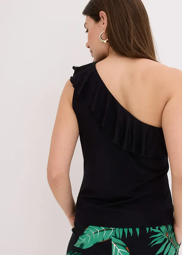 Top monospalla con volant in misto viscosa morbido, bonprix