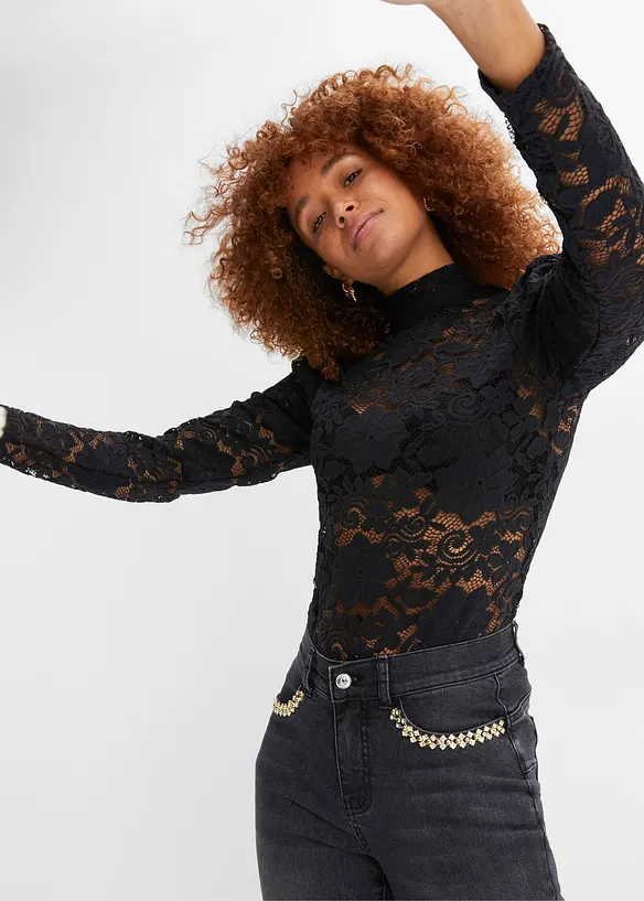 Maglia aderente in pizzo a maniche lunghe, bonprix
